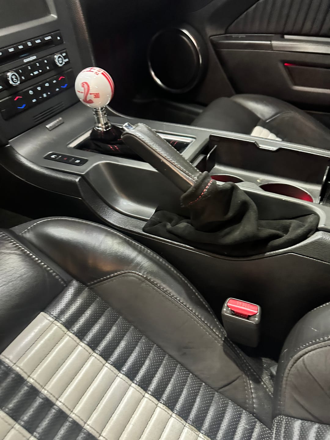2010 2011 2012 2013 2014 mustang gt custom suede shift & e brake boot cover alcantara black red stitching blue, white real suede