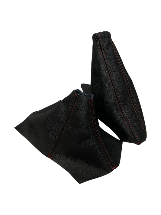 Manual transmission shift boot and e-brake boot set compatible with 2010-2014 Ford Mustang GT featuring custom stitching, premium leather material, and upgraded interior styling made in USA