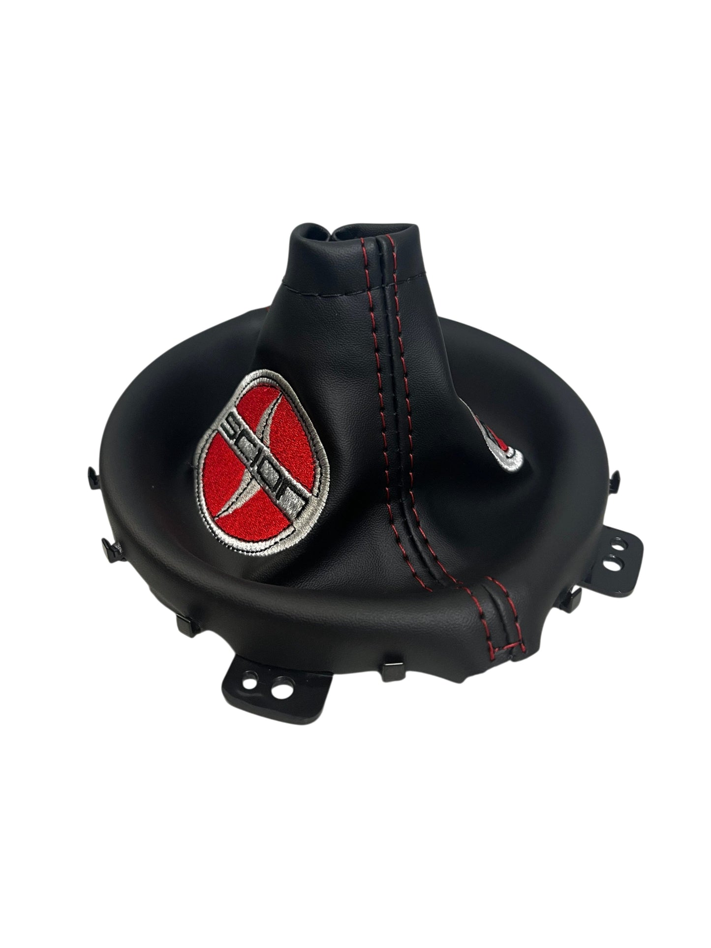 Manual transmission shift and e-brake boot cover set compatible with Scion FR-S featuring custom embroidery, premium interior upgrade, handcrafted replacement covers