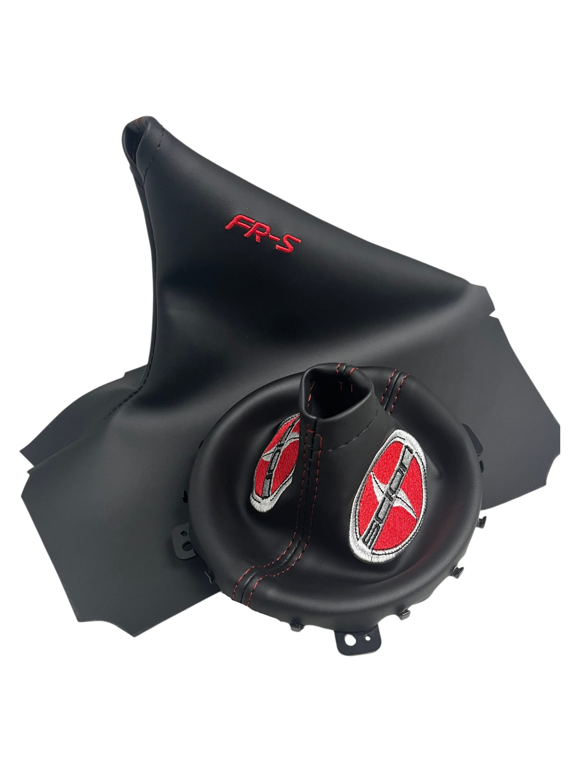 Manual transmission shift and e-brake boot cover set compatible with Scion FR-S featuring custom embroidery, premium interior upgrade, handcrafted replacement covers