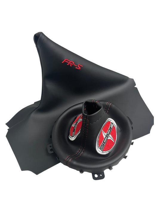 Manual transmission shift and e-brake boot cover set compatible with Scion FR-S featuring custom embroidery, premium interior upgrade, handcrafted replacement covers