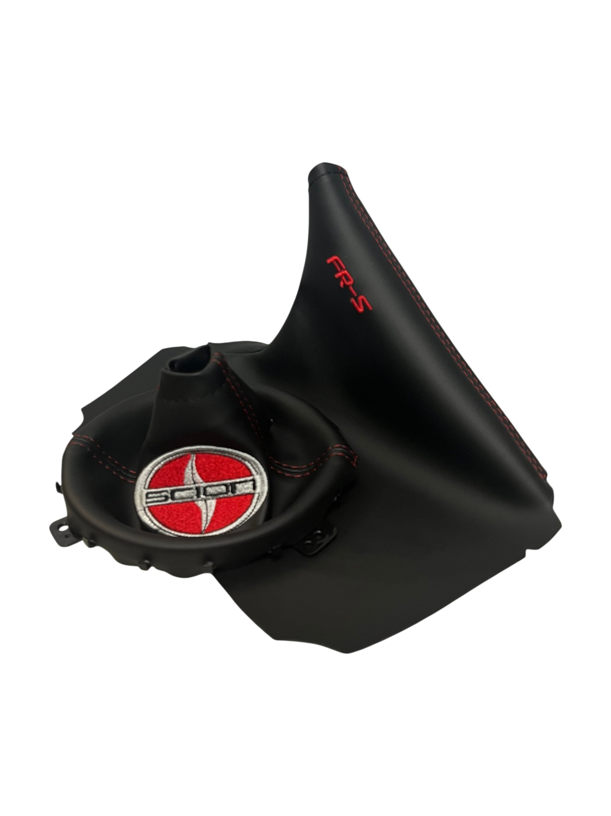 Manual transmission shift and e-brake boot cover set compatible with Scion FR-S featuring custom embroidery, premium interior upgrade, handcrafted replacement covers